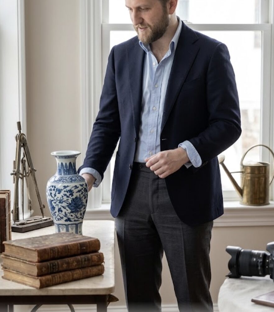 Certified personal property appraiser conducting a USPAP-compliant estate inspection of fine art ceramics in Chicago.